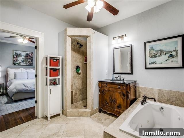 Stylish vanity area in the master bathroom with double sinks.
