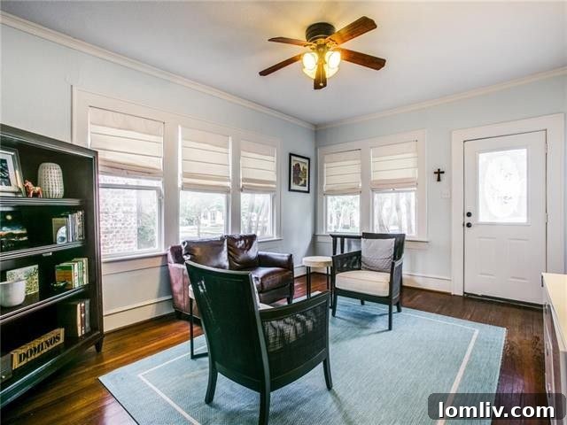 Bright and welcoming living room interior of a Dallas Craftsman home.