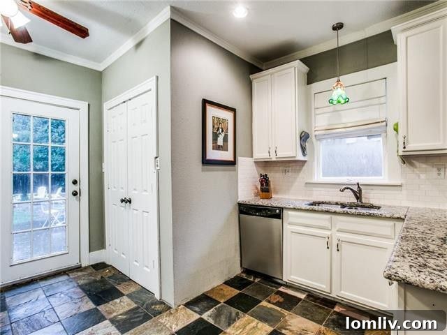 Detailed shot of kitchen island with granite countertop and comfortable seating.