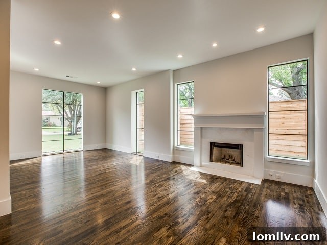 Open Foyer with Geometric Banister and Hardwood Floors