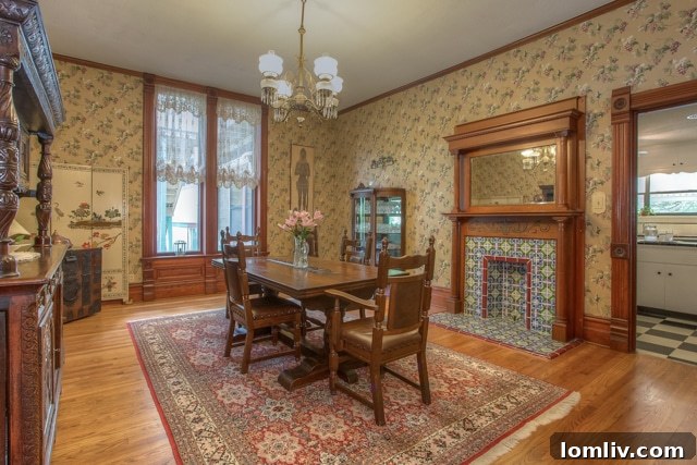 Small, brightly tiled fireplace hearth at 808 South Lamar, challenging Santa's descent