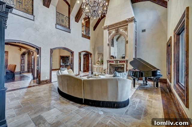 Soaring ceiling living room with perfectly fitted fireplace at 4657 Benevete Court