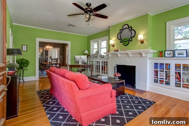 Brightly colored, eye-catching fireplace at 2718 Cockrell Avenue