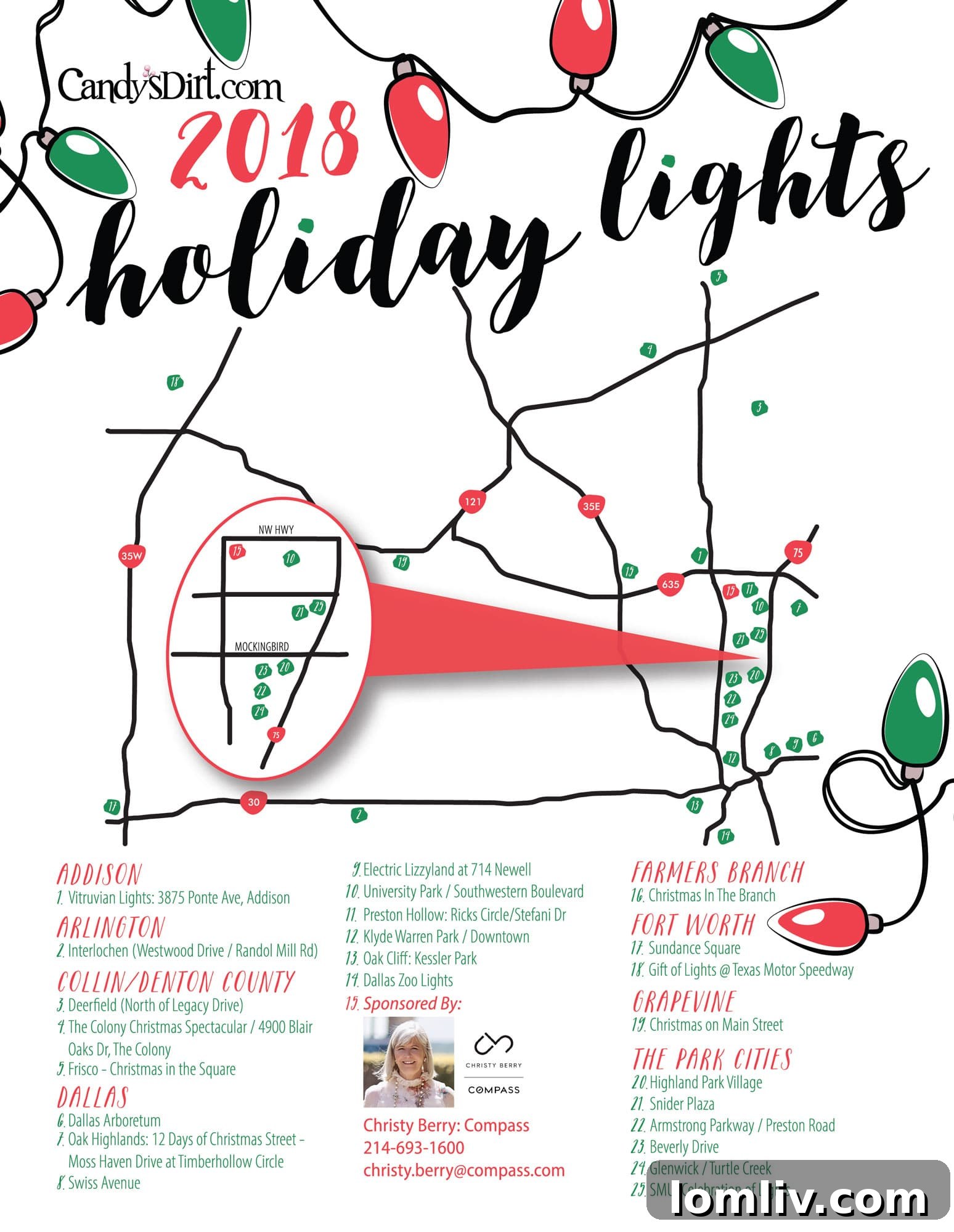 Detailed map showing various Christmas light display locations and holiday traditions across Dallas-Fort Worth
