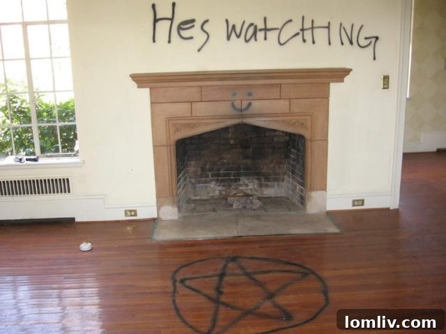 A room filled with strange symbols and graffiti