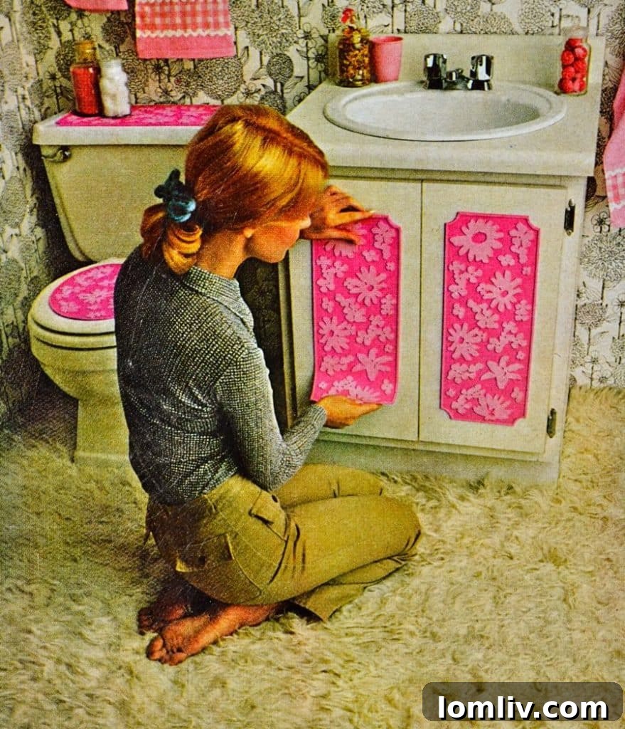 A vintage bathroom with bright orange shag carpeting covering the floor, a common trend in the 1970s.