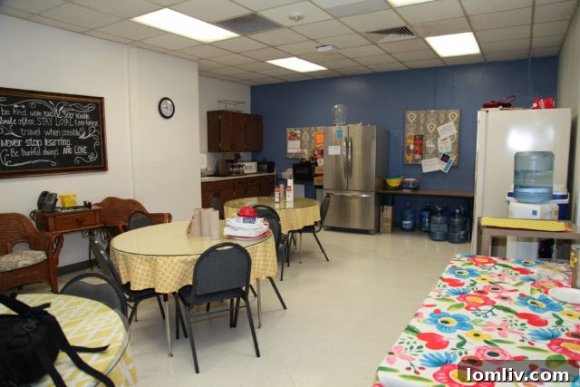 Before renovation: The Merriman Park Elementary teachers' lounge showing its outdated and uninviting appearance.