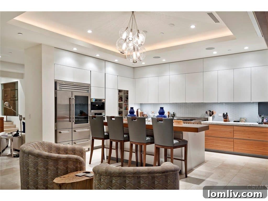 Sleek dining area with modern chandelier