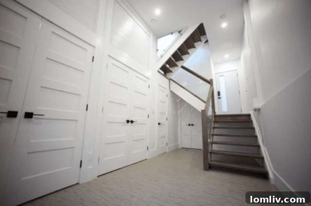 Architectural photo highlighting the many stairs inside the narrow Toronto home