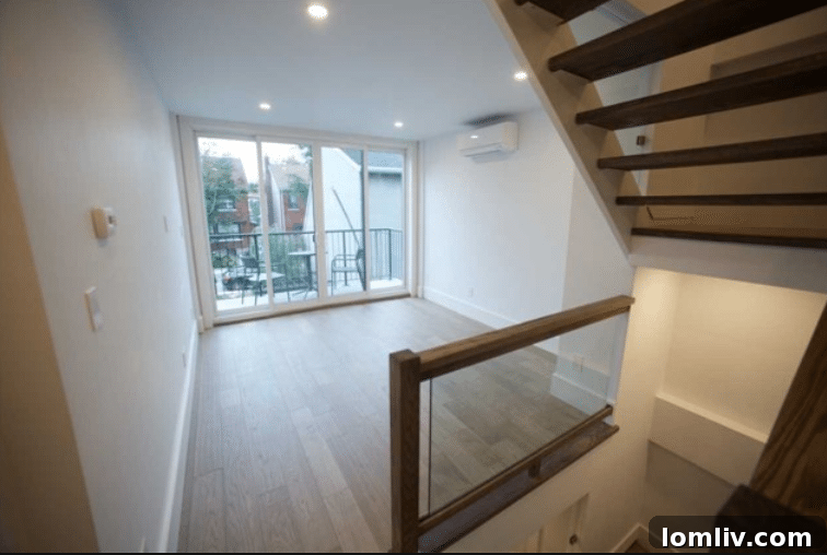 A vibrant interior shot showcasing the distinct stairways and modern finishes