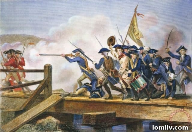 Detailed historical painting depicting the intense Battle of Concord in 1775