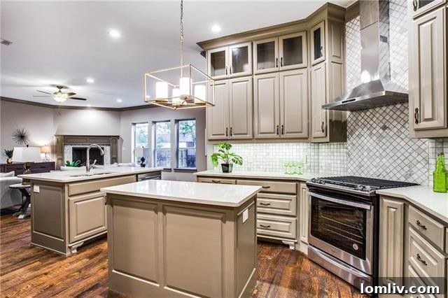Spacious chef's kitchen with two islands and open layout