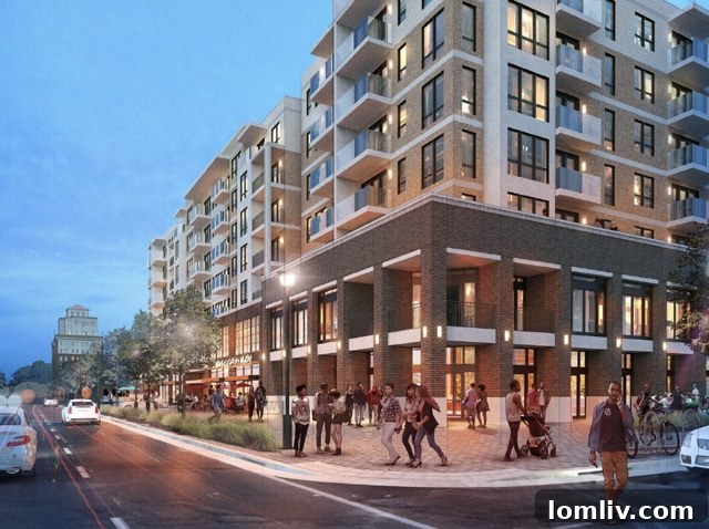 Rendering of the proposed development during the day, showing its integration into the Oak Cliff streetscape