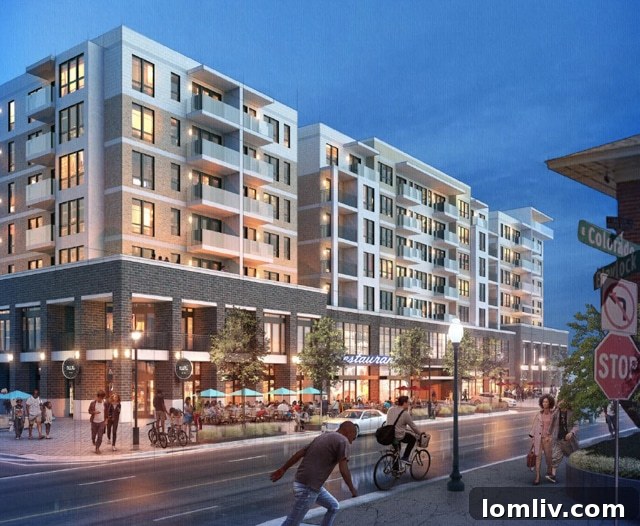 Proposed WindMass development rendering, looking east along Colorado Blvd, showing integration with the streetscape