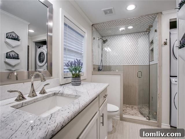 Shared full bathroom upstairs, featuring contemporary design