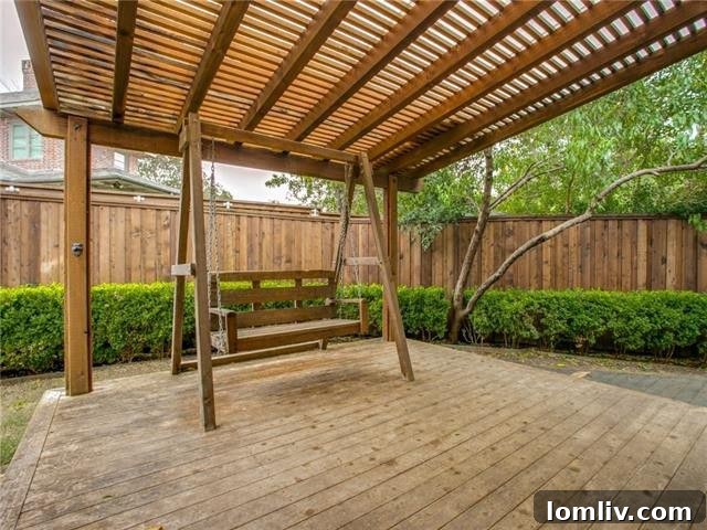 Inviting swing on the pergola-covered patio for outdoor lounging