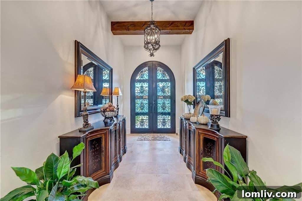 Luxurious master bedroom with large windows overlooking the pool and garden