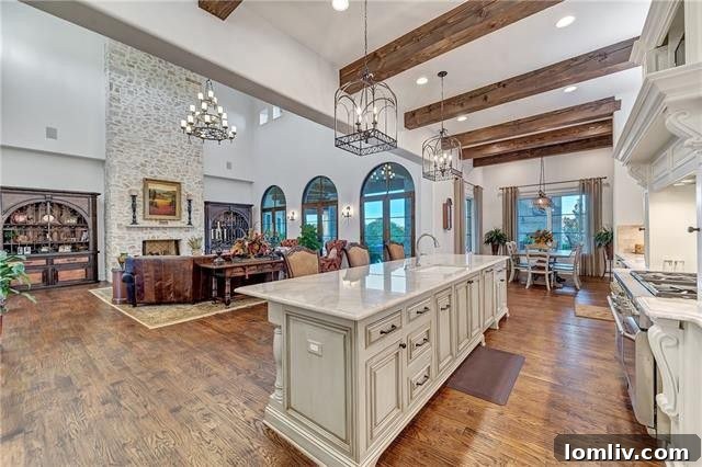 Open concept living and dining area with fireplace and natural light