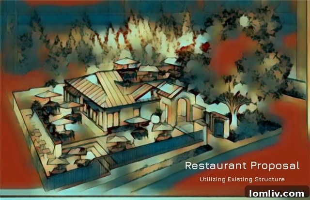 3104-Pic-3-House - A reimagined architectural rendering showing the historic house at 3104 Fairmount potentially as a restaurant, with the surrounding Gables apartments depicted as trees.