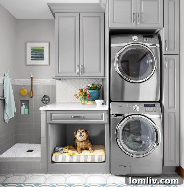 Cozy dog in a laundry room, highlighting the convenience of proper placement.