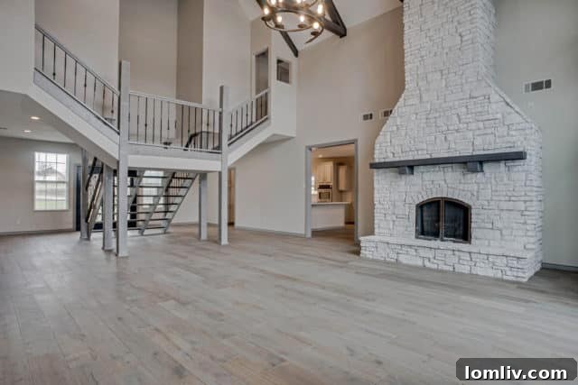 Spacious living room with tall ceilings and stone fireplace in Midlothian home
