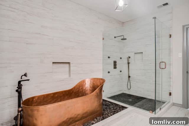Close-up of the exquisite copper bathtub, a focal point of the master en-suite