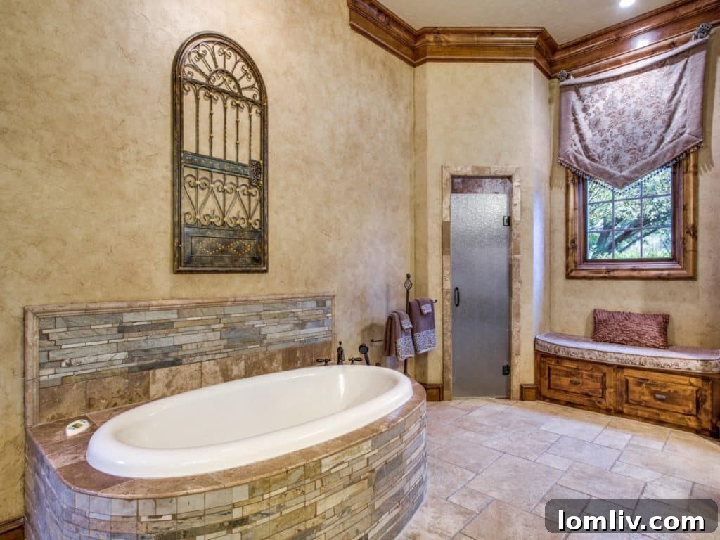 Luxurious Master Bathroom with Round Natural Stone Soaking Tub
