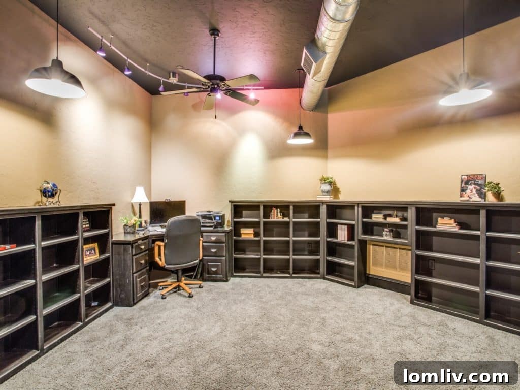 Dedicated Home Office with Spiral Staircase and Loft Library