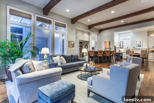 Luxurious living room with classic design elements and ample natural light