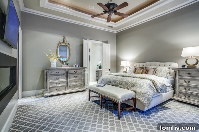 Luxurious master bedroom with plush furnishings and serene decor
