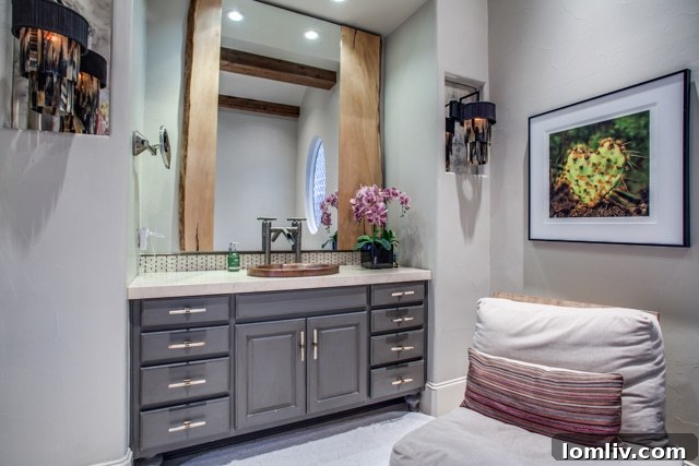 His-and-her Zen-like bathroom vanity with dual sinks and modern fixtures
