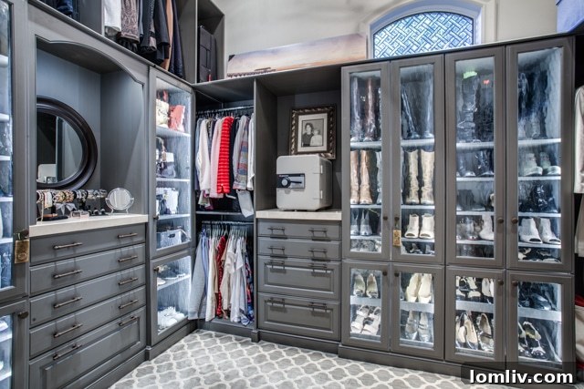 Spacious walk-in closet with custom shelving and ample storage solutions