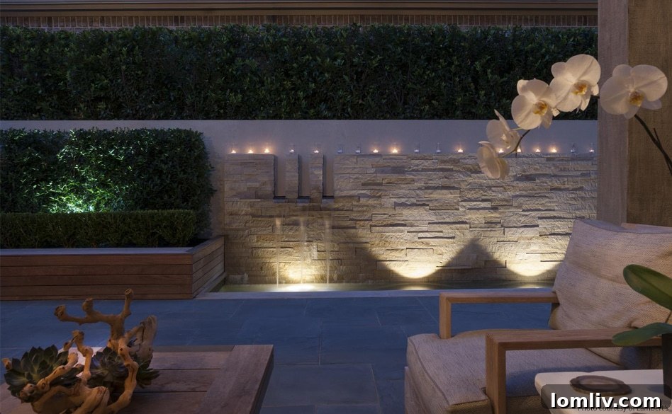 Award-winning Lamberts-designed courtyard at the Hill Forest Drive mansion, featuring a stone fountain and elegant landscaping
