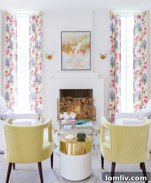 Modern farmhouse interior with white walls, brass fixtures, and pastel decor.