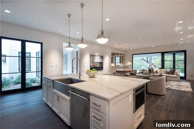 Open-concept living room with large windows and fireplace