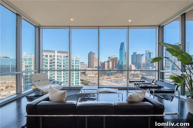 Victory Park high-rise condo living room with panoramic views