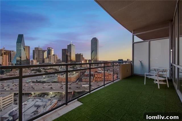 Dallas skyline from high-rise balcony, including Margaret Hunt Hill Bridge