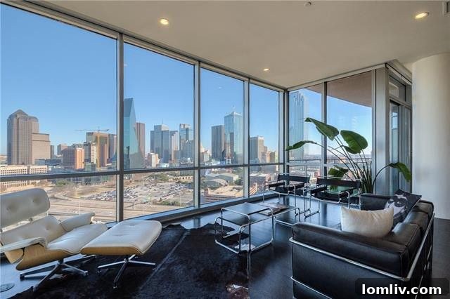 Night view of Dallas skyline from Victory Park condo