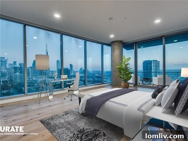 Luxurious primary bedroom with city views in Blue Ciel