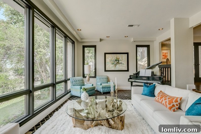 Large, custom windows illuminating the interior of a luxury home at 4501 Overton Terrace Court, Fort Worth