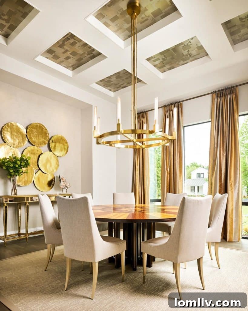 Sophisticated dining room with coffered ceilings and a modern circular LED chandelier