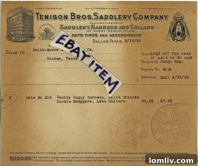 1918 billhead from the Tenison Brothers Saddlery Company.