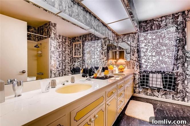 A bathroom featuring an eye-catching black and yellow color scheme