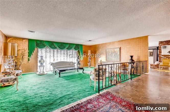 Vintage living room with bold carpet and retro decor