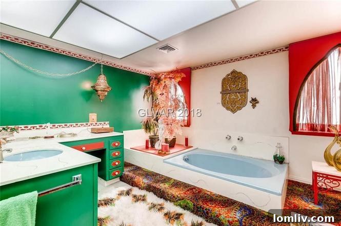 Close-up of the master bedroom's bold, dizzying carpet design