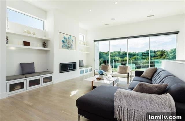 Bright and spacious living area with reclaimed hardwoods and soaring ceilings