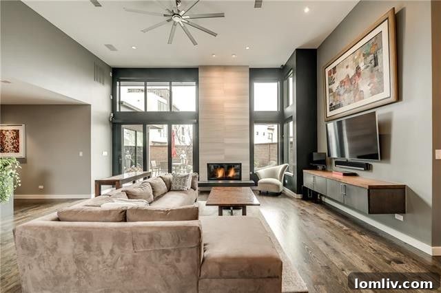 Spacious modern living room with fireplace and high ceilings at 1905 Malone Cliff View