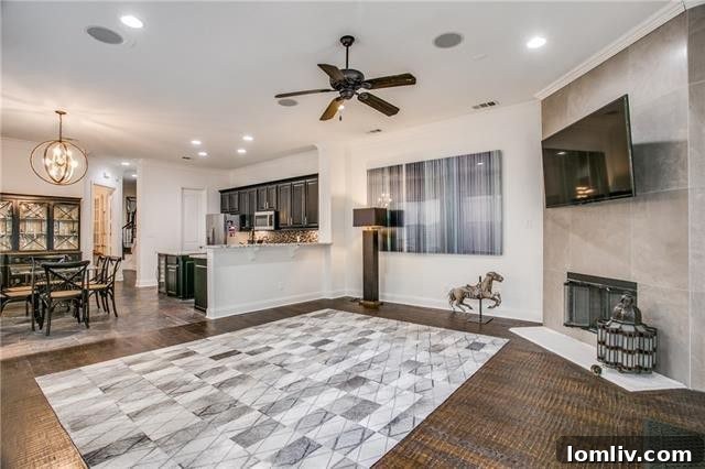 Bright and spacious living room with fireplace
