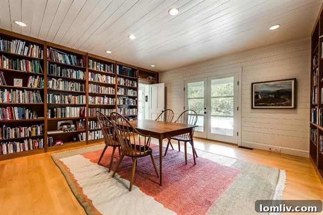 Rustic Modern Library with Brick Fireplace and Shiplap Walls