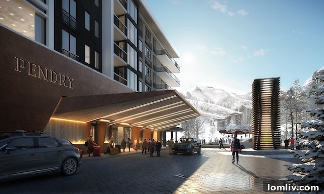Pendry Residences Park City: A stunning architectural rendering showcasing the modern design and integration with the surrounding mountain landscape.